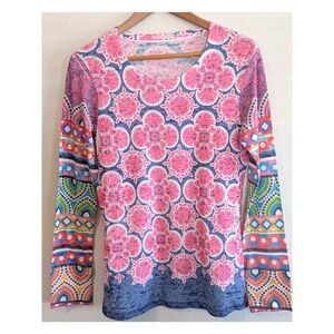 Before + Again Womens Pink Floral Medallion Print Long Sleeve Top Size M USA